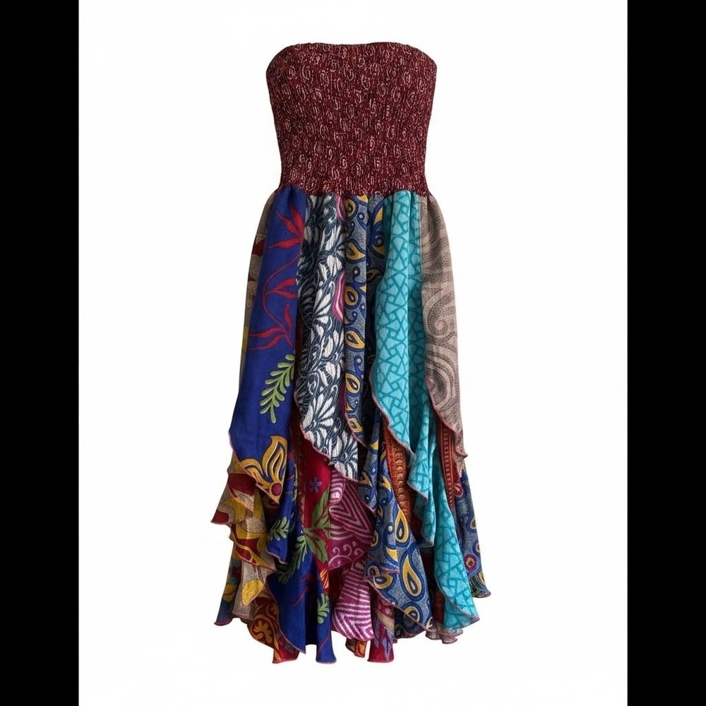 Patchwork Handkerchief Festival Midi Dress Boho Hippie Gypsy Nomad  Wanderlust - Picture 2 of 6